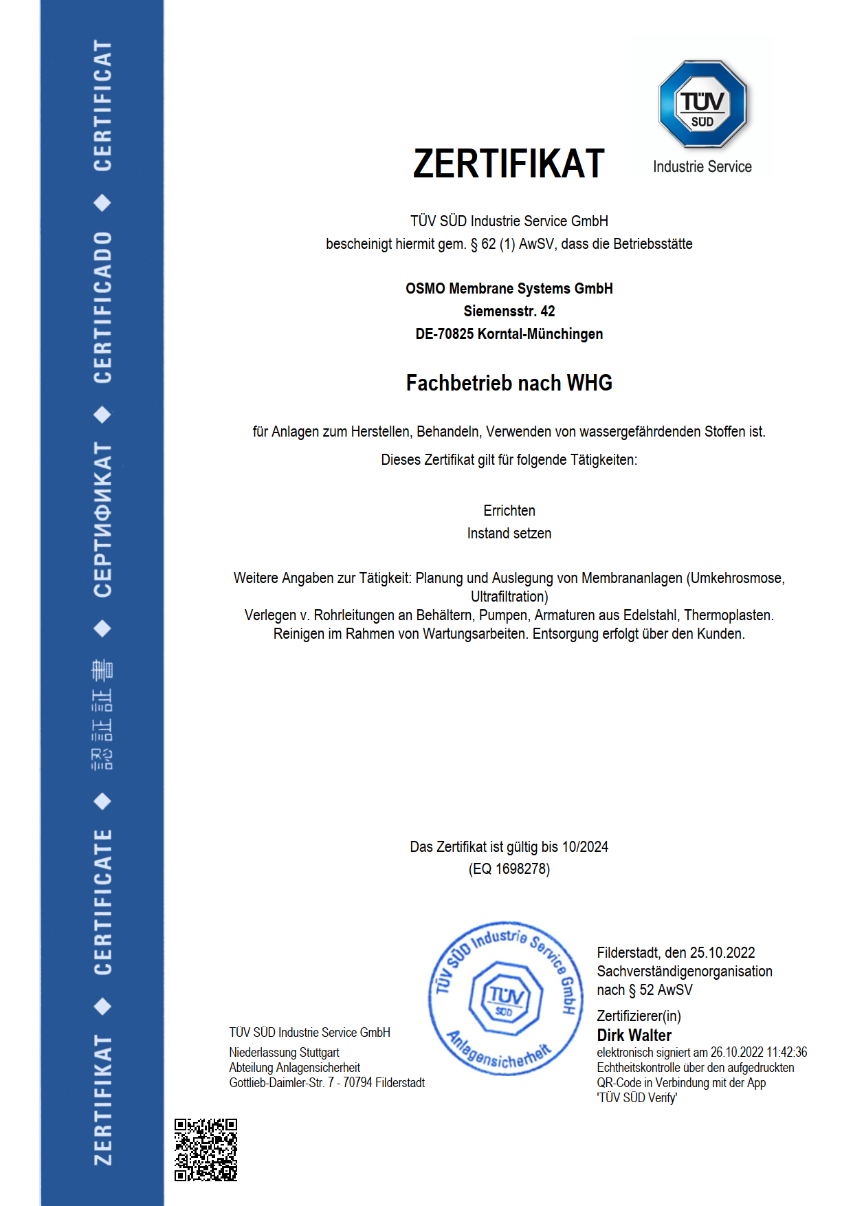 2022 2024 WHG Zertifikat OSMO 1